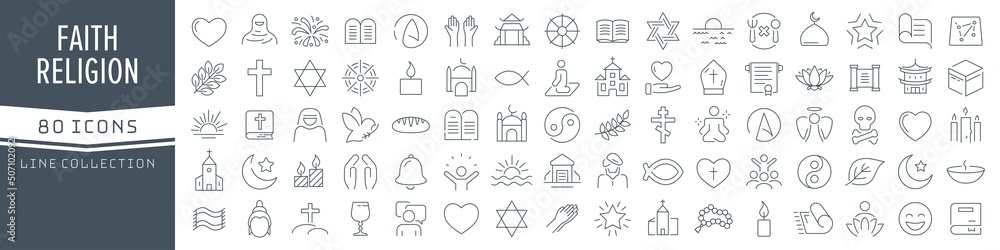 Wall mural religion and faith line icons collection. big ui icon set in a flat design. thin outline icons pack.