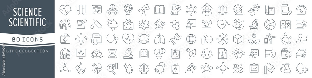 Poster science and scientific line icons collection. big ui icon set in a flat design. thin outline icons p