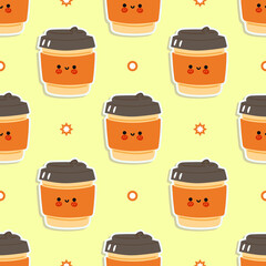 Funny cute happy coffee paper cup pattern characters. Vector kawaii line cartoon style illustration. Cute coffee paper cup pattern
