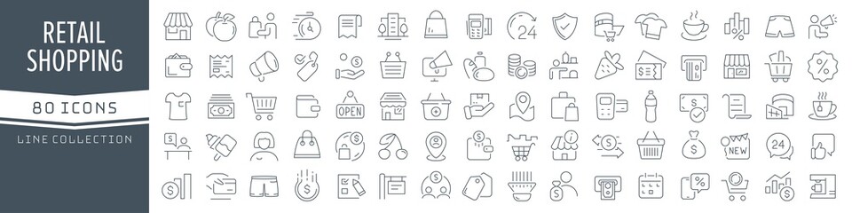 Retail and shopping line icons collection. Big UI icon set in a flat design. Thin outline icons pack. Vector illustration EPS10
