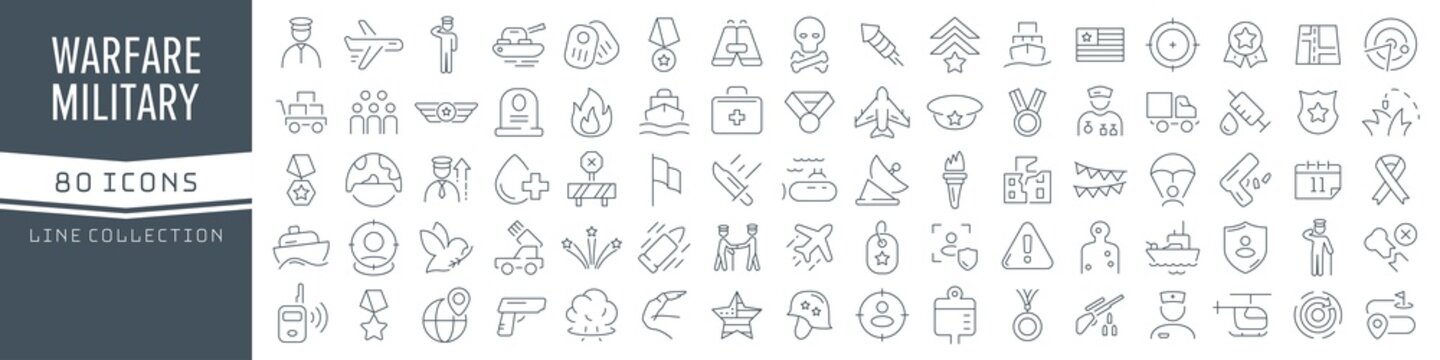 Warfare and military line icons collection. Big UI icon set in a flat design. Thin outline icons pack. Vector illustration EPS10