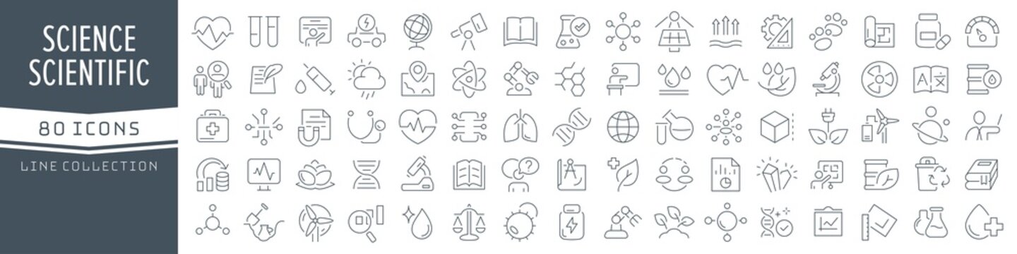 Science and scientific line icons collection. Big UI icon set in a flat design. Thin outline icons pack. Vector illustration EPS10