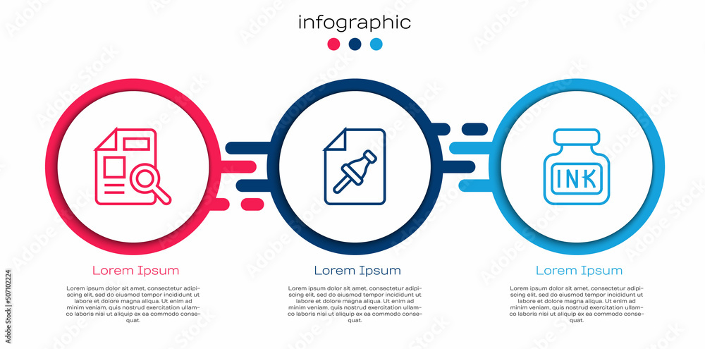 Poster set line document with graph chart, note paper push button and inkwell. business infographic templat