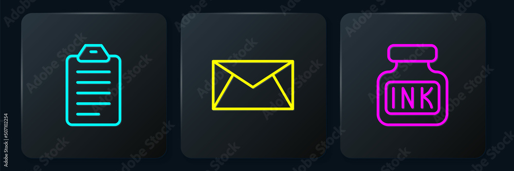 Aufkleber set line to do list or planning, inkwell and mail and e-mail. black square button. vector
