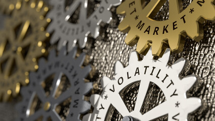 Market Volatility concept. Gold and silver gears mechanism with inscriptions market and volatility. 3d rendering