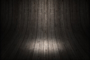 Curved wooden background. Empty Wooden backdrop. Wood texture background. Old curved wooden background Grungy old curved wooden interior with spotlight.