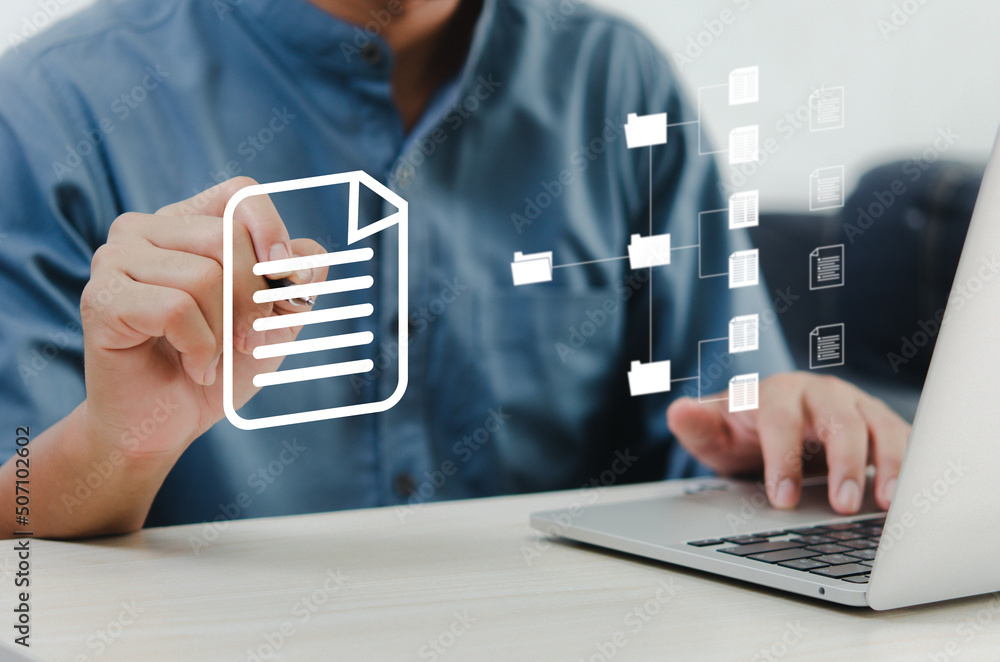 Poster businessman touching on icons on virtual screen enterprise resource planning erp document management