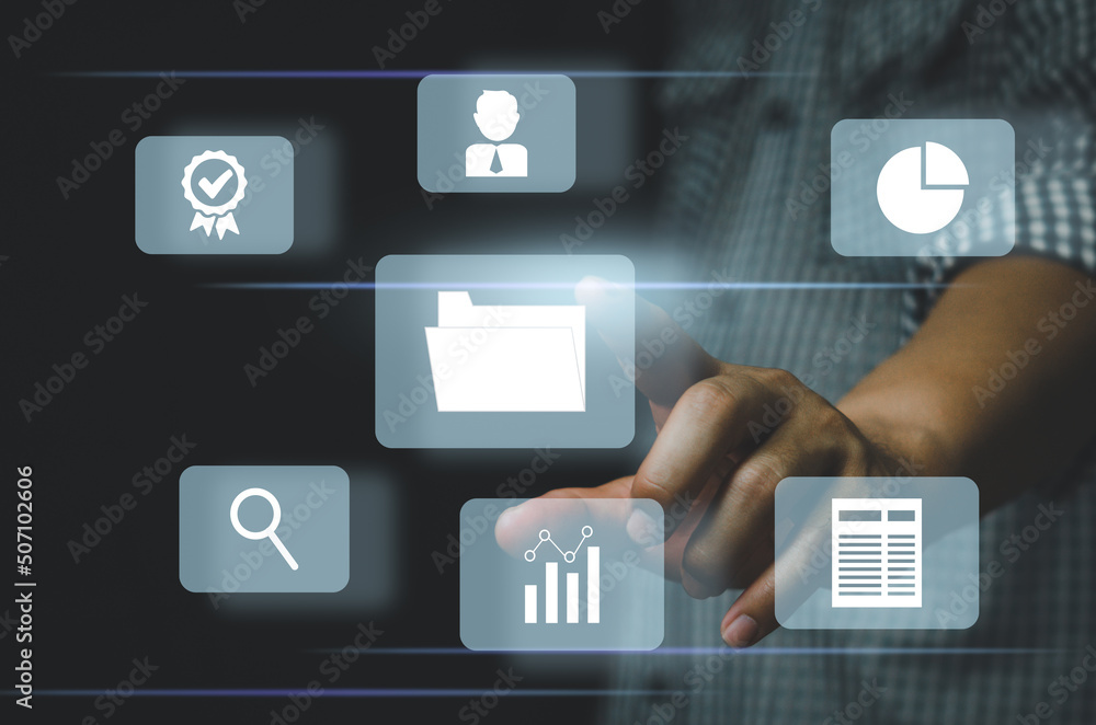 Poster businessman touching on icons on virtual screen enterprise resource planning erp document management