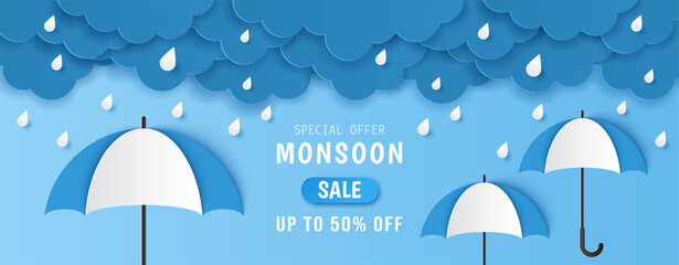 Paper cut of monsoon sale offer banner template with clouds, rain drop and cute umbrella on blue background. Vector illustration - obrazy, fototapety, plakaty