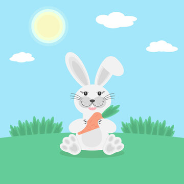 Cute rabbit with  carrot. Vector illustration in cartoon flat style.	