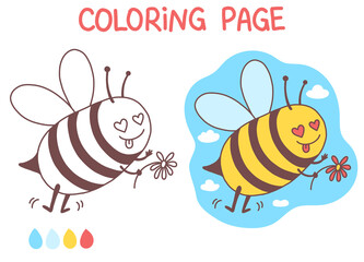 Bee coloring page cute doodle vector illustration