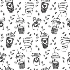 Hand drawn sketch style seamless pattern with coffee to go cups various shapes with drinking straws and hearts. Monochrome vector background.