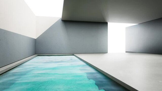 Luxury interior design 3D rendering of modern house or hotel. Concrete floor room and swimming pool with empty wall background.