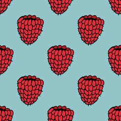 Seamless pattern with sweet raspberry on light blue background. Vector image.