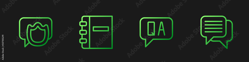 Poster set line question and answer, speech bubble chat, notebook and . gradient color icons. vector
