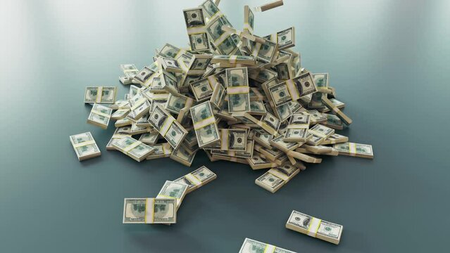 Stacks of money falling from above oh white Background. Stack Of Dollar Bills Falling. Professional 4K 3d rendering animation