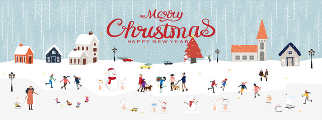 Christmas and Happy New Year 2023 banner with People,polar bear and rabbit celebrating in the park next to forest pine trees on blue sky background.Vector illustration panorama banner holiday backdrop