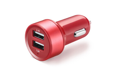 Red simple dual USB car charger, isolated on white background