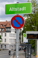 Traffic sign for restricted no stopping in the access to the old town of Nuremberg. 
