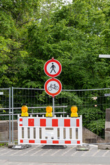 Barricaded stairway with prohibition of passage for pedestrians and cyclists in the city center.