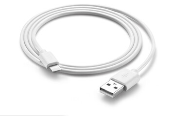 White simple USB Apple cable, rolled up, isolated on white background