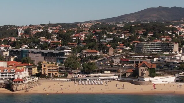 Drone aerial view of main beaches in Cascais, Portugal including Duquesa and Conceicao