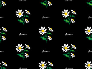 Flower cartoon character seamless pattern on black background. Pixel style.