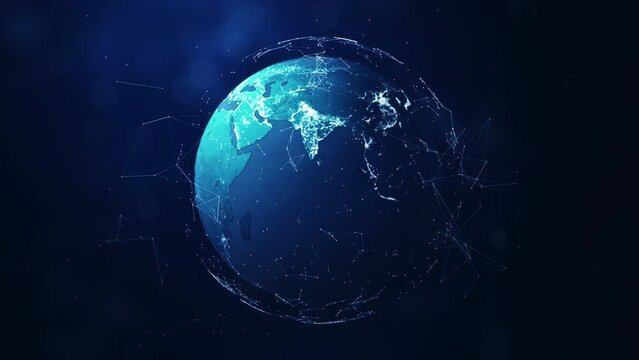 concept of global internet network connection technology. The world stands out in the middle and the slow moving polygon has a dark blue background.