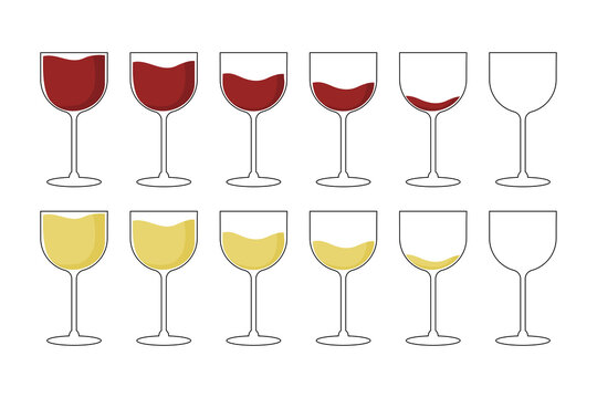 a set of glasses of red and white wine in a flat style. Vector image.