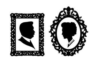 Silhouettes of a man, a woman in profile in vintage style for printing and design. Vector illustration.