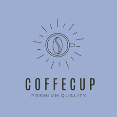 sunburst with coffee cup and bean line art logo vector symbol illustration design
