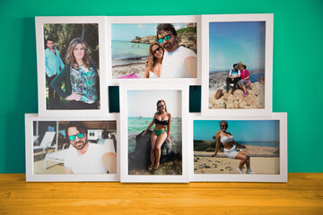 A frame of several photos of a couple in love on their summer vacations, by the beaches of...