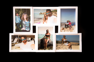 Obraz na płótnie Canvas A frame of several photos of a couple in love on their summer vacation, by the beaches of Mallorca. with a black background.