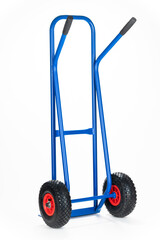 Blue 2-wheel trolley, with rubber wheels, on the white background