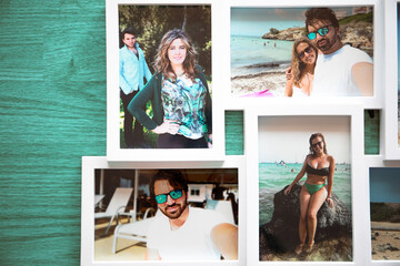 A frame of several photos of a couple in love on their summer vacations, by the beaches of Mallorca. with a turquoise blue wooden background.
