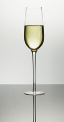 Vertical image of single tulip glass of white wine or champagne on white background