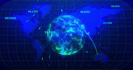 Image of numbers and globe over blue background with world map