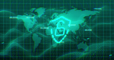 Fototapeta premium Image of digital shield with padlock over green background with world map