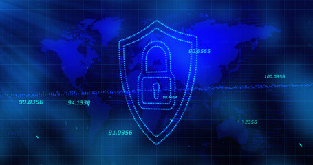 Image of digital shield with padlock over blue background with world map