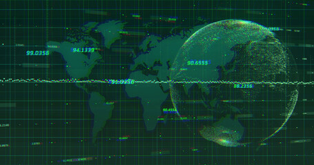 Fototapeta na wymiar Image of green graphs and globe rotating on green world map in background