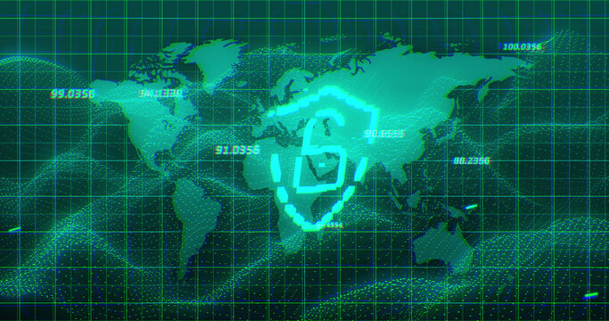Image of digital shield with padlock over green background with world map