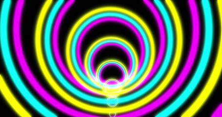 Fototapeta na wymiar Image of purple blue and yellow circles neon pattern moving in hypnotic motion on seamless loop