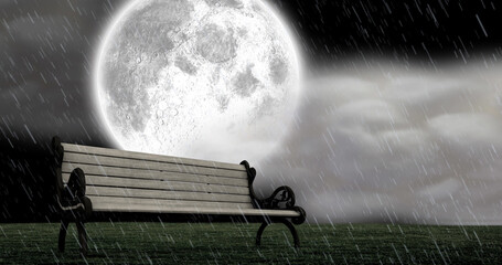 Image of bench over rain and full moon with clouds on sky in background