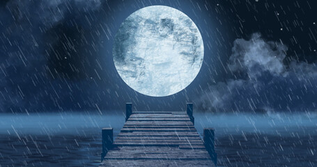 Image of wooden jetty over sea, rain and full moon on night sky in background