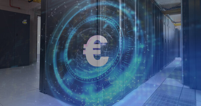 Image of euro symbol on rotating safe lock over computer server room - Powered by Adobe