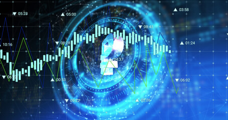 Image of russian ruble symbol on rotating safe lock over processing data