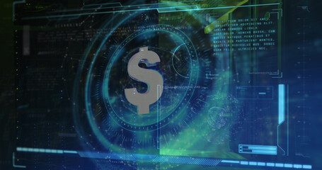Image of dollar sign on rotating safe lock over data processing and computer server