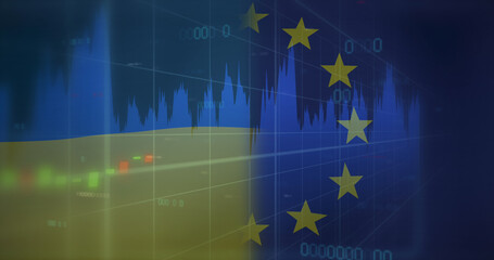 Image of flag of ukraine and eu over data processing