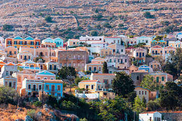 Fototapeta na wymiar View of traditional colorful houses on Symi island, Greece, Dodecanese