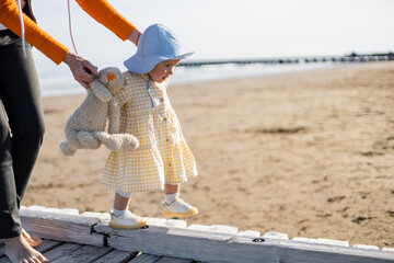 Woman holding toy near toddler daughter on pier in Treviso.